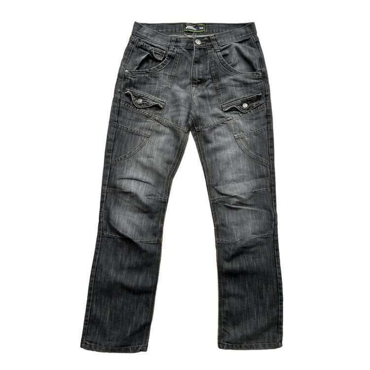 Grey wash straight leg cargo style jeans with patch pockets image 2