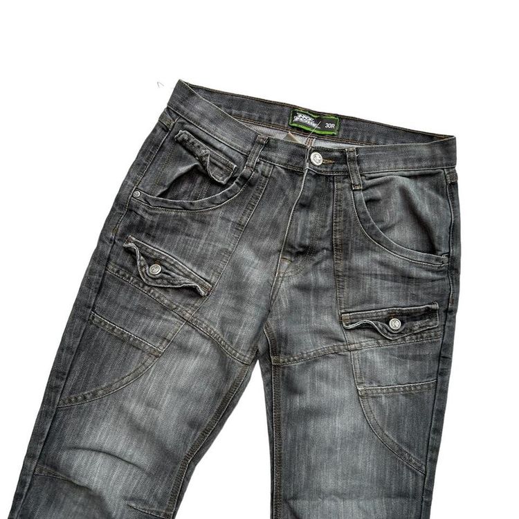 Grey wash straight leg cargo style jeans with patch pockets image 3