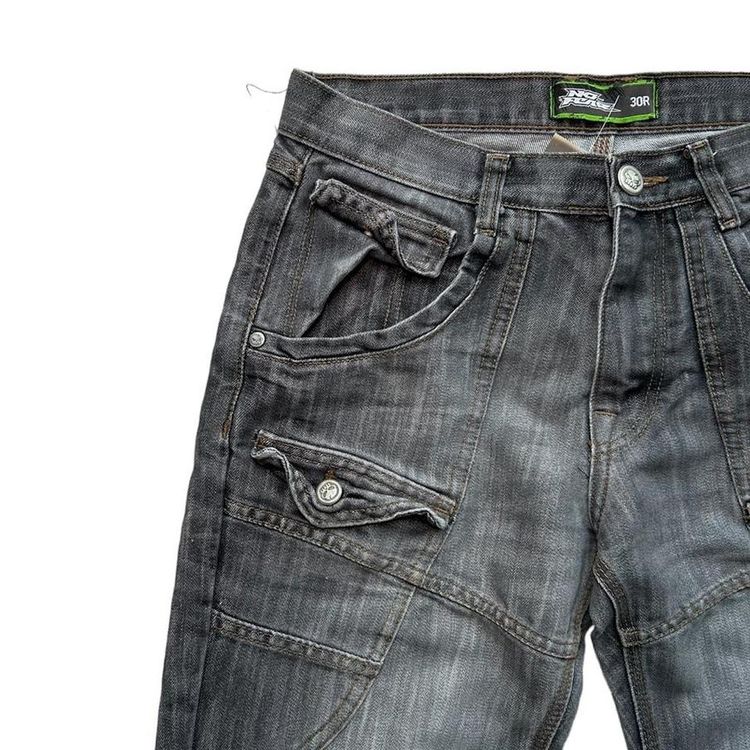 Grey wash straight leg cargo style jeans with patch pockets image 4