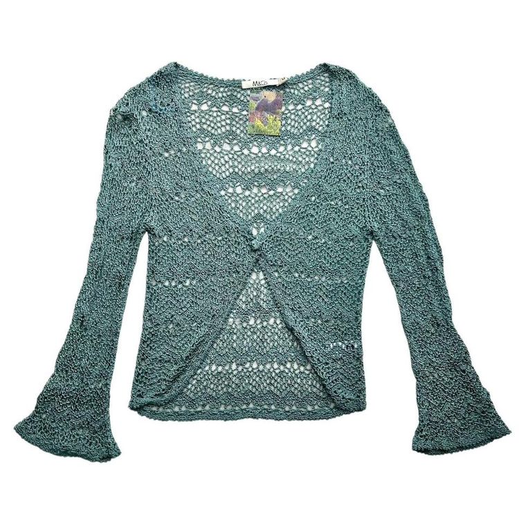 Turquoise flared sleeve crochet cardigan with one button fastening