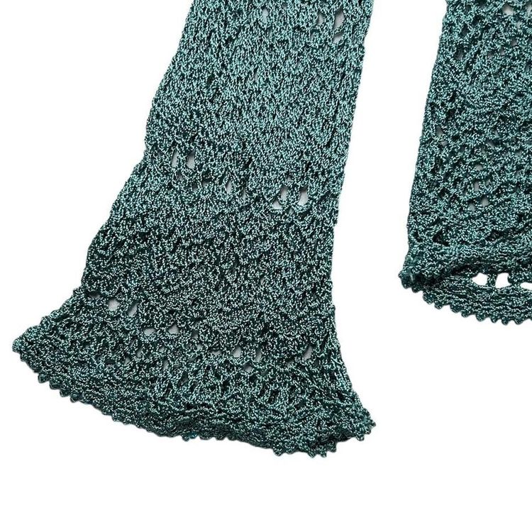 Turquoise flared sleeve crochet cardigan with one button fastening image 4