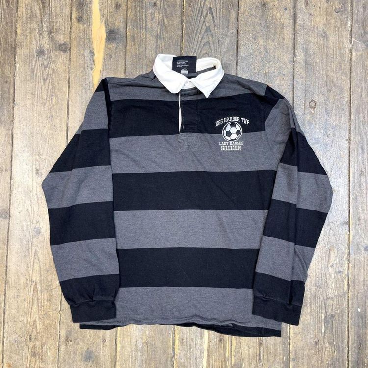 Rugby Polo Shirt USA 90s Striped Vintage Sports Top, Black Grey, Mens Small