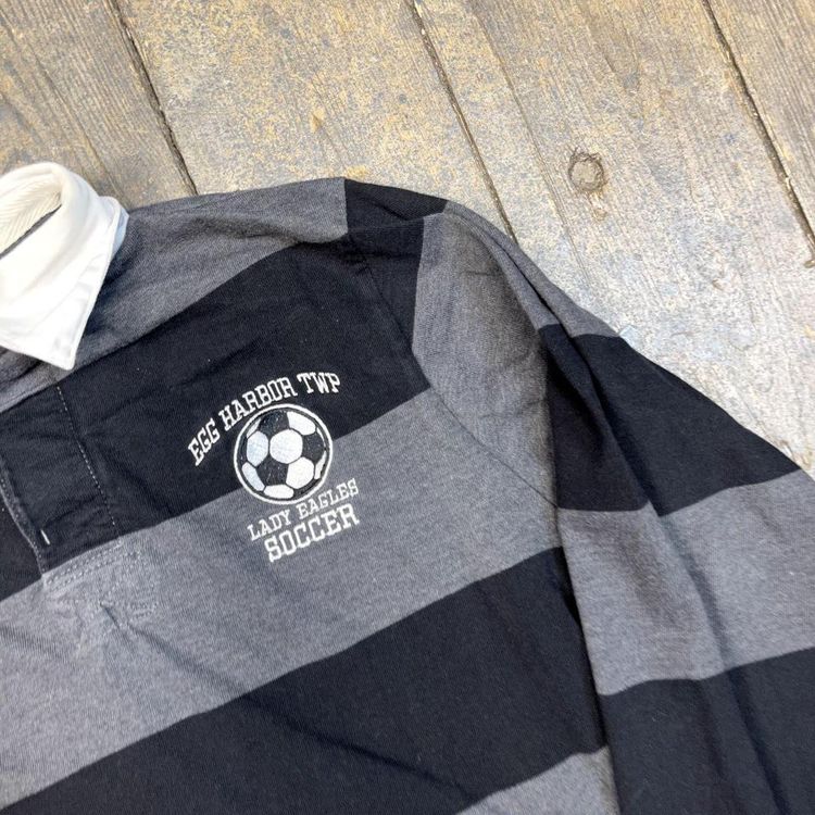 Rugby Polo Shirt USA 90s Striped Vintage Sports Top, Black Grey, Mens Small 4