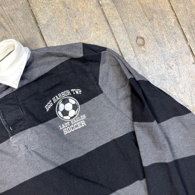 Rugby Polo Shirt USA 90s Striped Vintage Sports Top, Black Grey, Mens Small 4