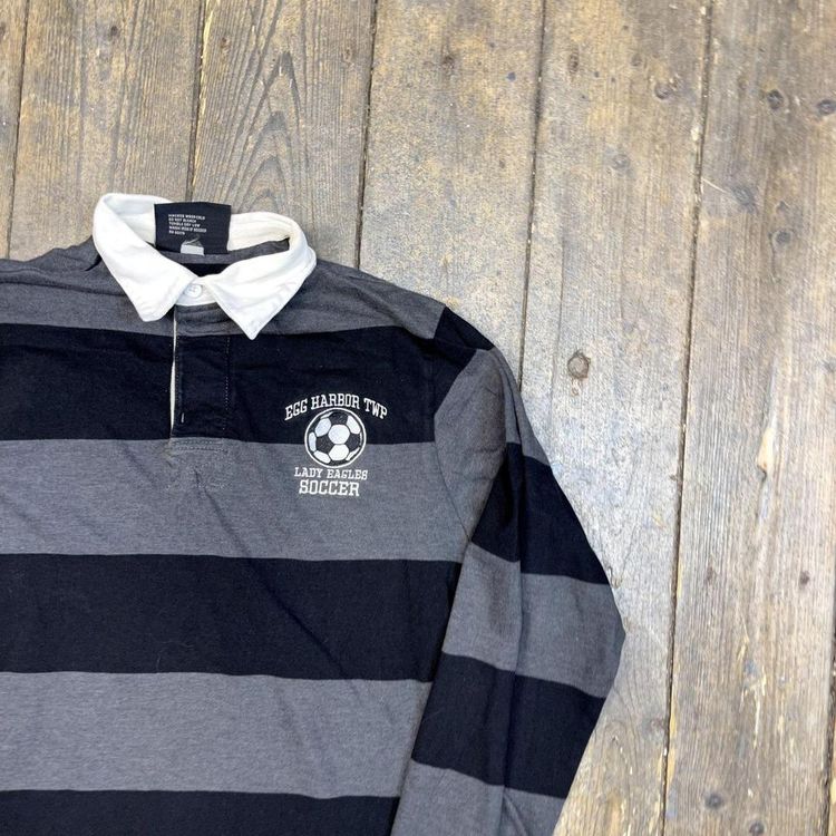 Rugby Polo Shirt USA 90s Striped Vintage Sports Top, Black Grey, Mens Small 2