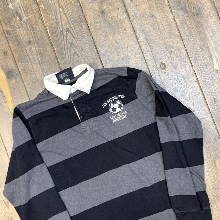 Rugby Polo Shirt USA 90s Striped Vintage Sports Top, Black Grey, Mens Small 3