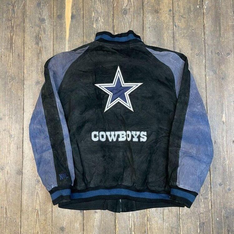 Dallas Cowboys Letterman Bomber Jacket NFL Vintage Suede Coat, Black, Mens 2XL