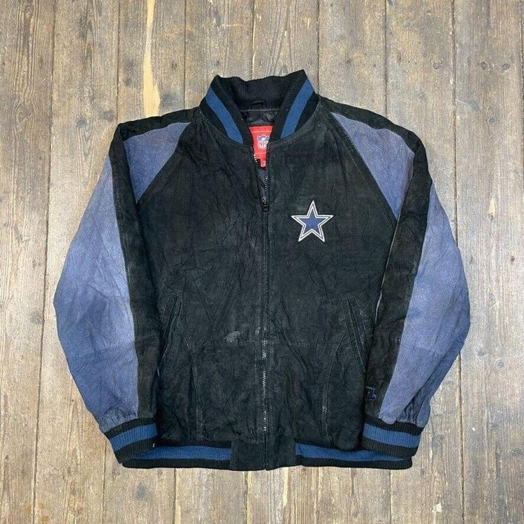 Dallas Cowboys Letterman Bomber Jacket NFL Vintage Suede Coat, Black, Mens 2XL 2