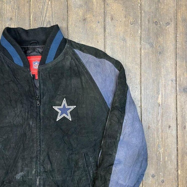 Dallas Cowboys Letterman Bomber Jacket NFL Vintage Suede Coat, Black, Mens 2XL 3