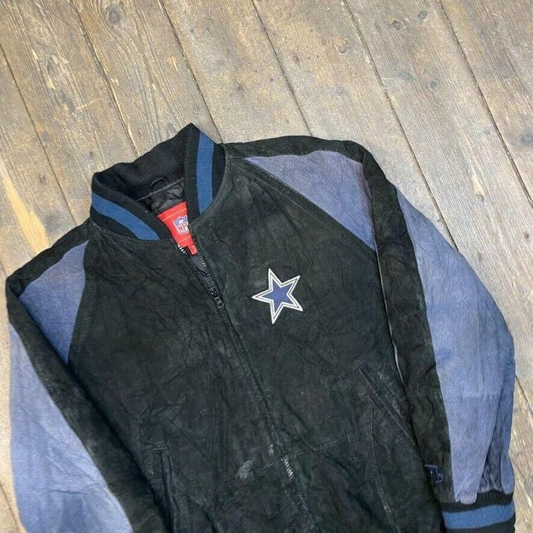 Dallas Cowboys Letterman Bomber Jacket NFL Vintage Suede Coat, Black, Mens 2XL 4