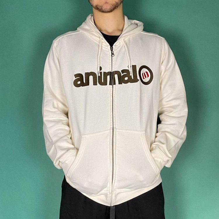 Vintage y2k animal zip up embroidered hoodie cream.