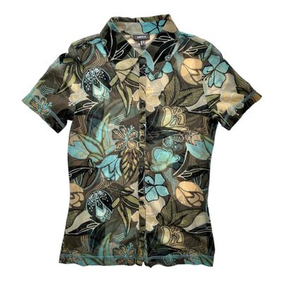 Khaki, peach and blue bold floral print sheer mesh button down and collared top
