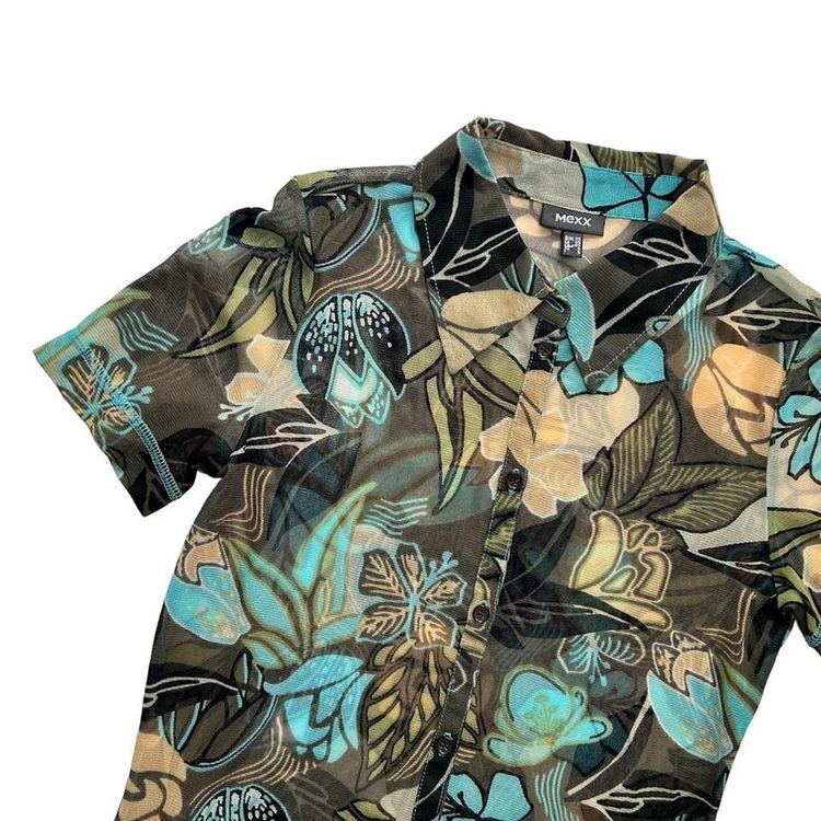Khaki, peach and blue bold floral print sheer mesh button down and collared top image 2