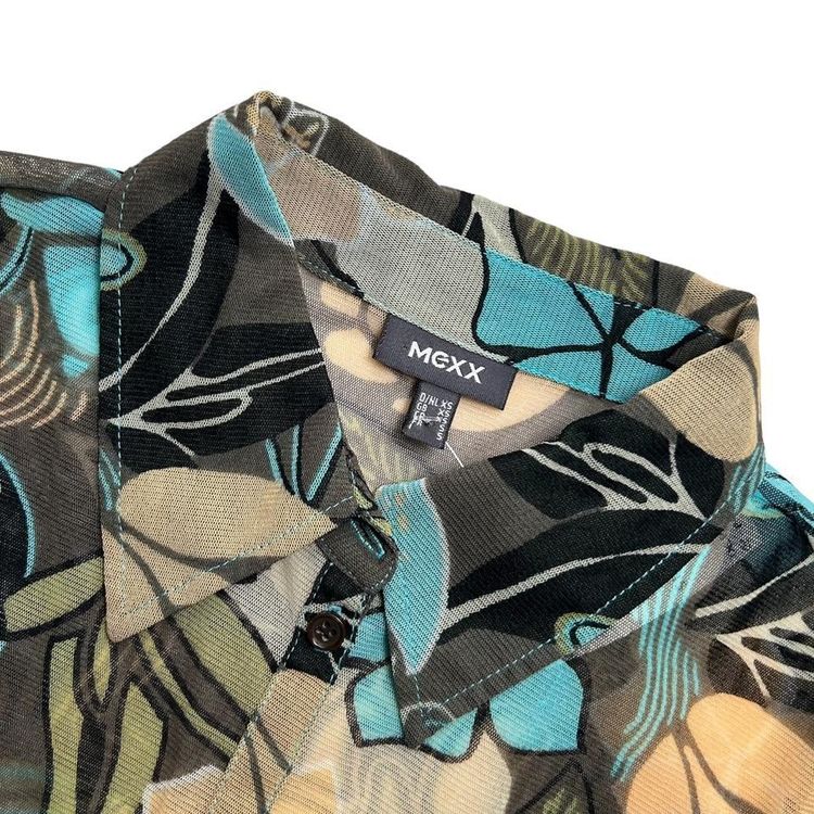 Khaki, peach and blue bold floral print sheer mesh button down and collared top image 3