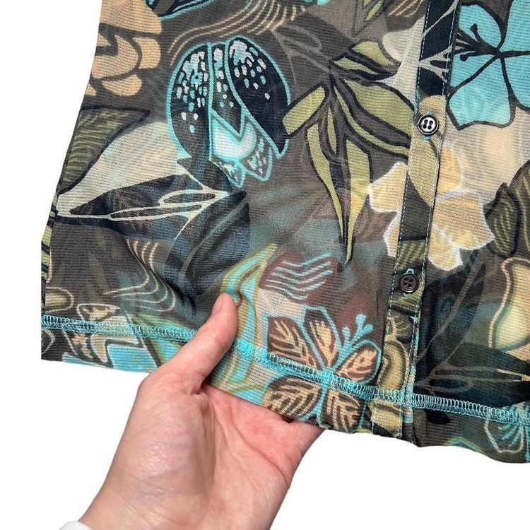 Khaki, peach and blue bold floral print sheer mesh button down and collared top image 4