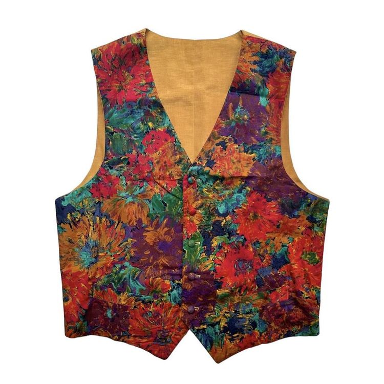 Multicoloured oil paint effect floral waistcoat with a mustard yellow back