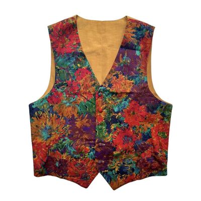 Multicoloured oil paint effect floral waistcoat with a mustard yellow back