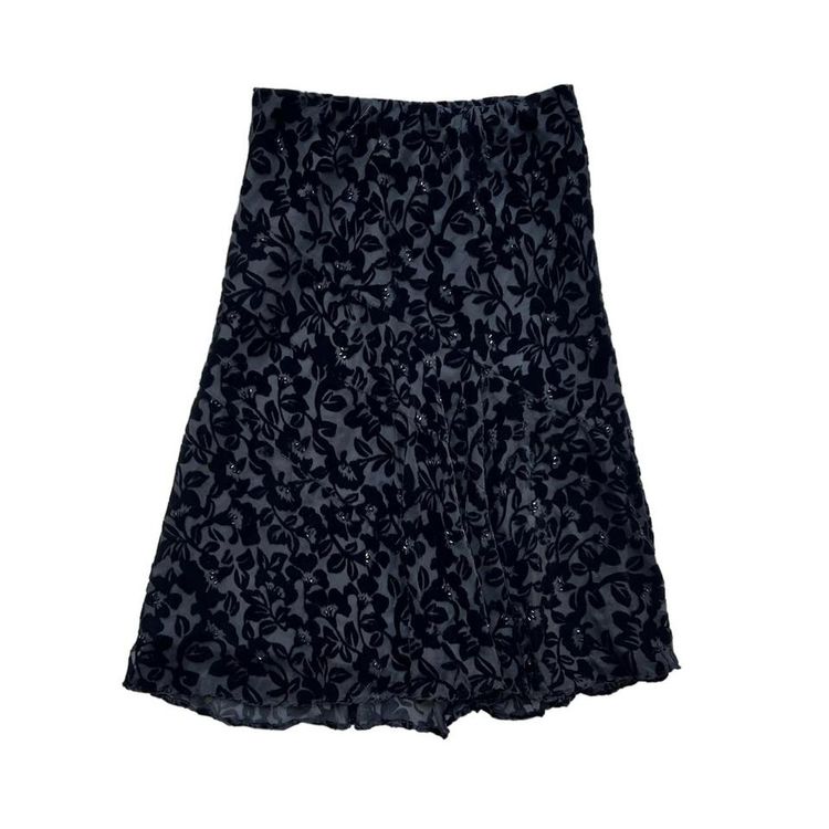 Black velvet floral print organza overlay midi skirt