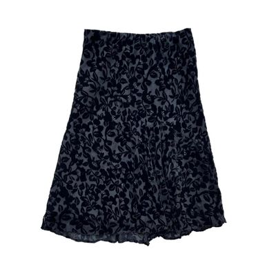 Black velvet floral print organza overlay midi skirt