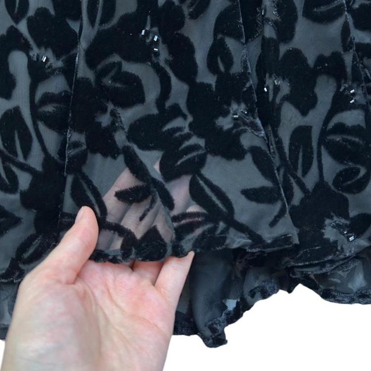 Black velvet floral print organza overlay midi skirt image 2