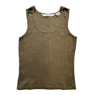 Khaki green ribbed vest top with an embroidered logo
