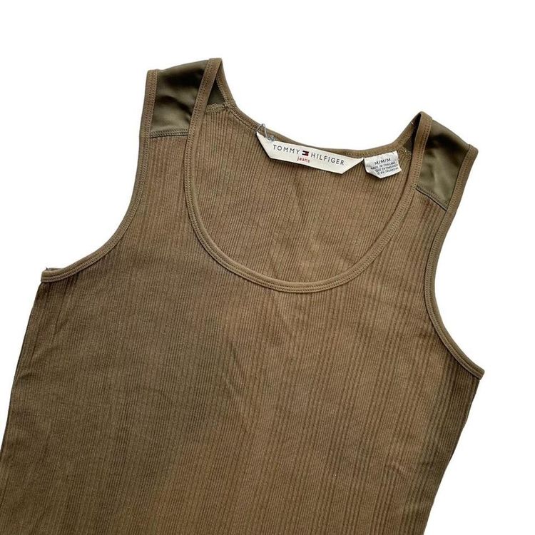 Khaki green ribbed vest top with an embroidered logo image 2