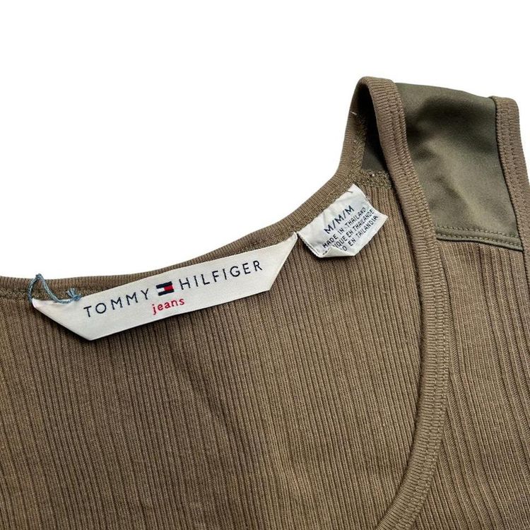 Khaki green ribbed vest top with an embroidered logo image 3