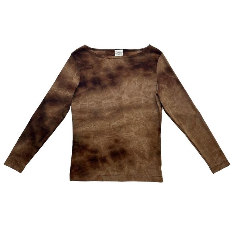 Brown and tan abstract tie dye effect long sleeve semi sheer stretchy top with a slash neckline