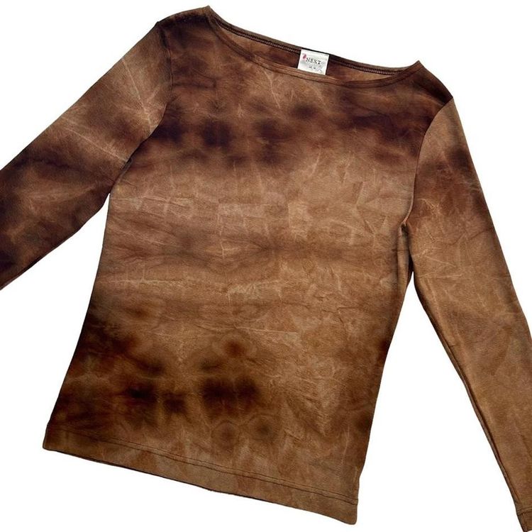 Brown and tan abstract tie dye effect long sleeve semi sheer stretchy top with a slash neckline image 2