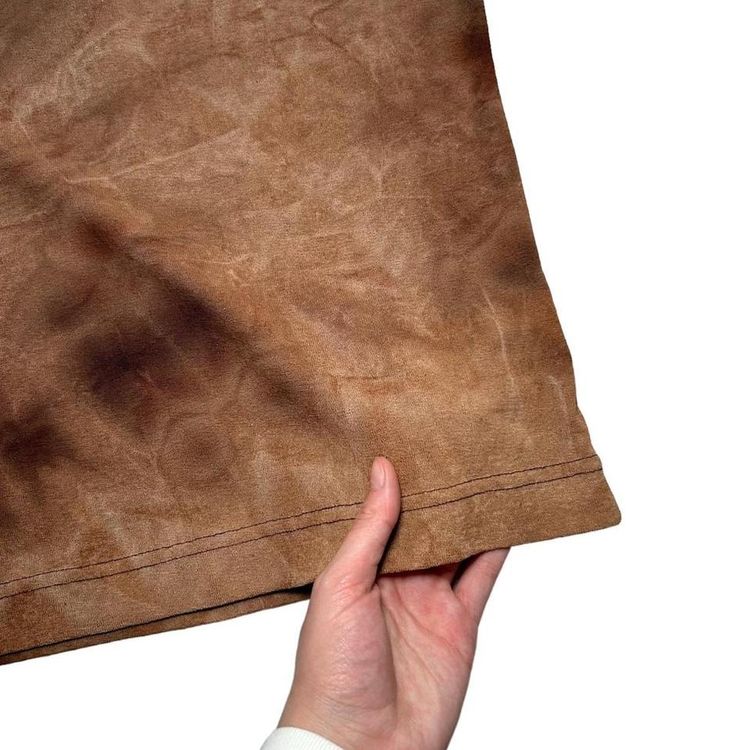 Brown and tan abstract tie dye effect long sleeve semi sheer stretchy top with a slash neckline image 3