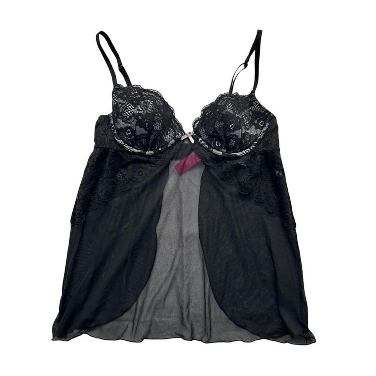 Black sheer mesh babydoll lingerie top with a padded and underwired bra, lace overlay and an open ba