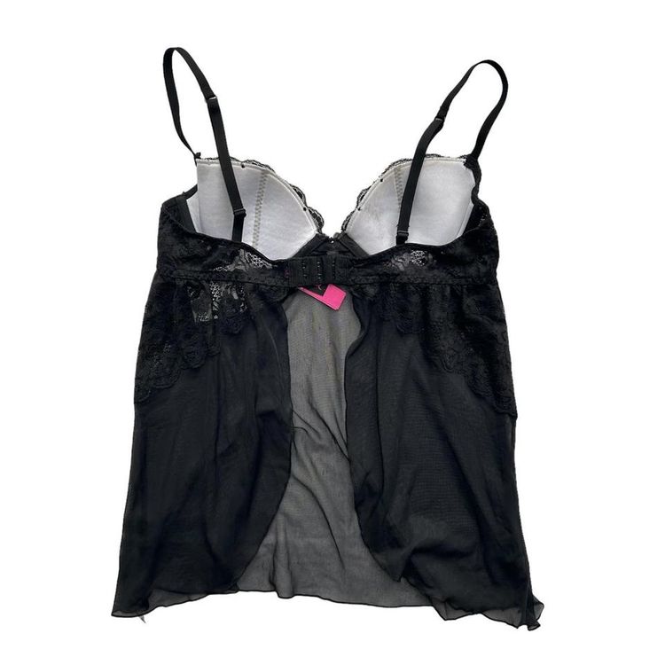 Black sheer mesh babydoll lingerie top with a padded and underwired bra, lace overlay and an open ba image 4