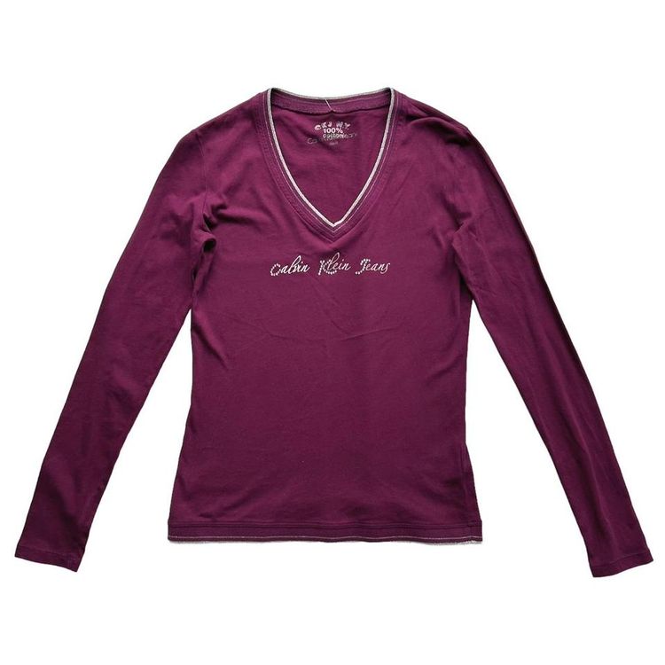 Y2k magenta/ purple long sleeve v neck graphic tshirt with a printed and diamante silver logo