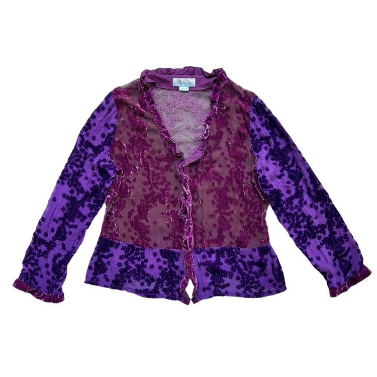 Magenta and purple semi sheer velvet floral print button down blouse with a ruffle trim
