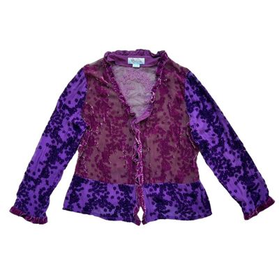 Magenta and purple semi sheer velvet floral print button down blouse with a ruffle trim