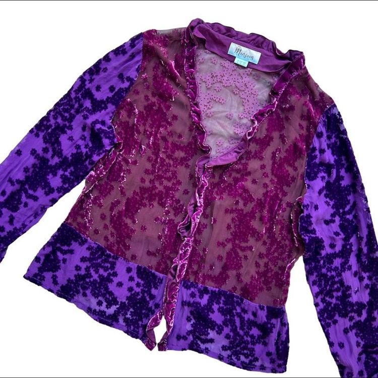 Magenta and purple semi sheer velvet floral print button down blouse with a ruffle trim image 2