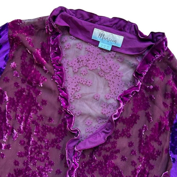 Magenta and purple semi sheer velvet floral print button down blouse with a ruffle trim image 3