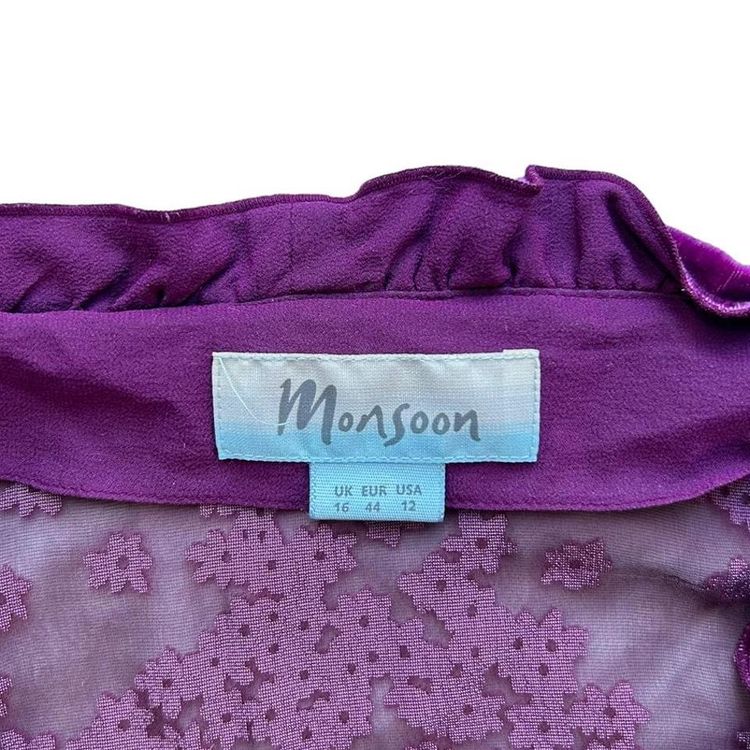 Magenta and purple semi sheer velvet floral print button down blouse with a ruffle trim image 5