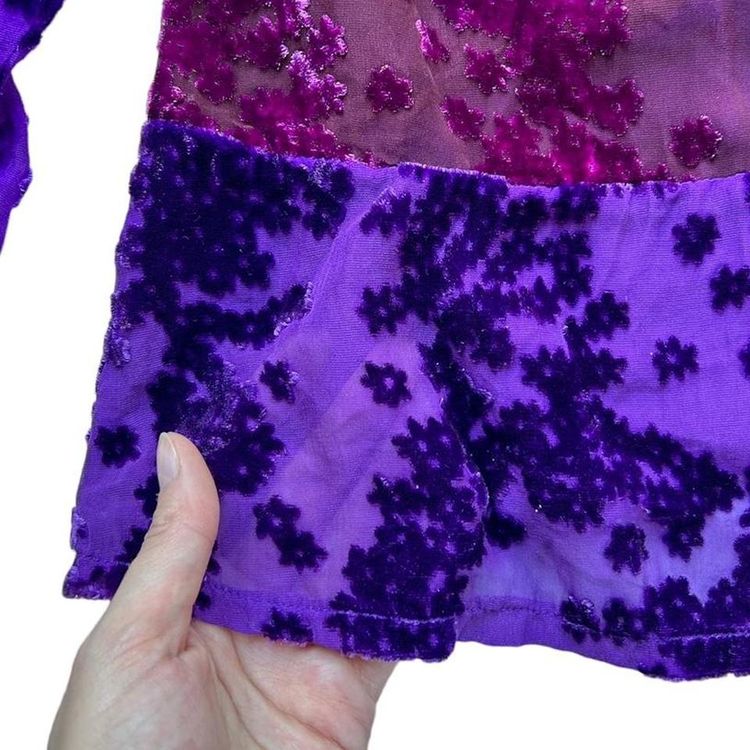 Magenta and purple semi sheer velvet floral print button down blouse with a ruffle trim image 4