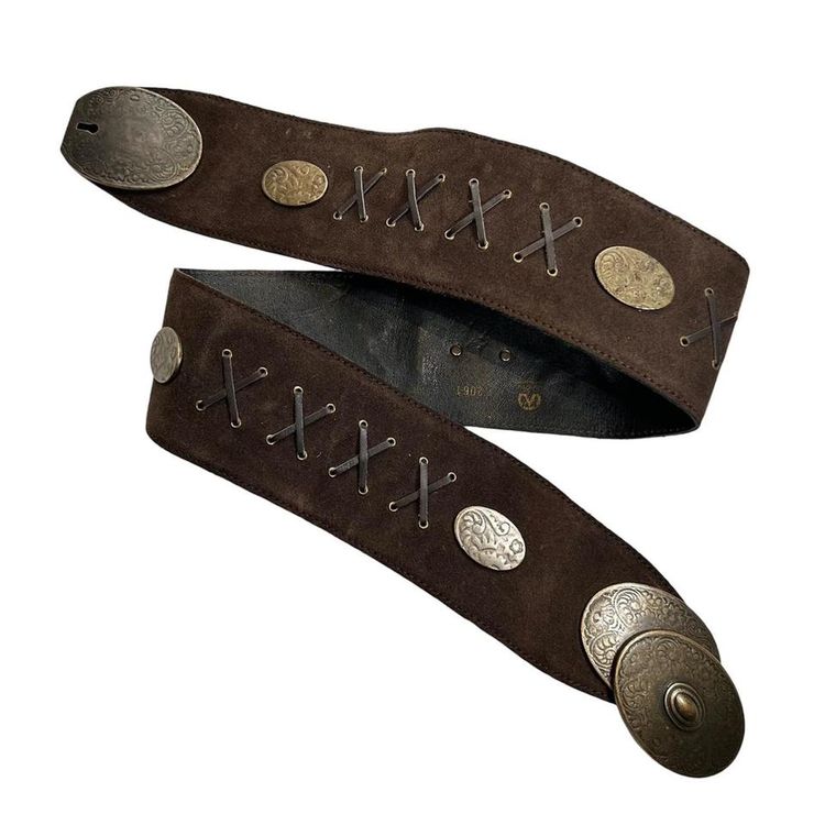 Real suede chocolate brown chunky belt with laced embellishment and engraved bronze fastening