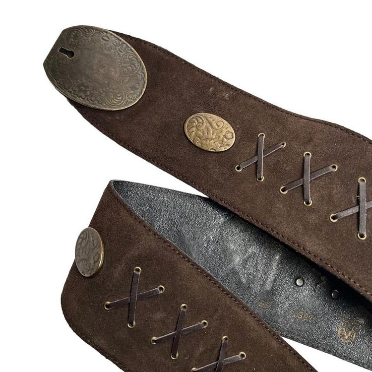 Real suede chocolate brown chunky belt with laced embellishment and engraved bronze fastening image 2