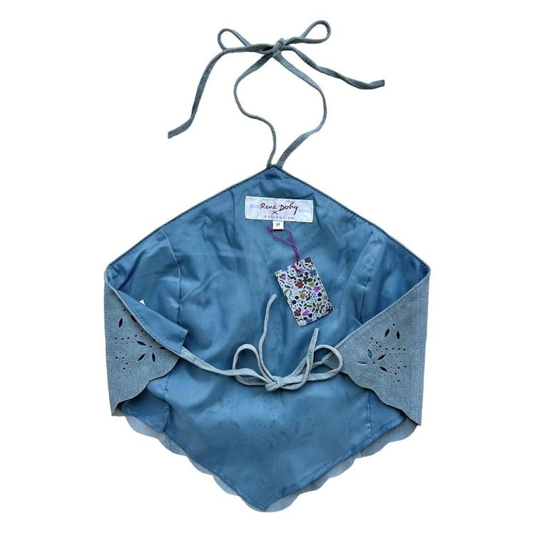 00s does 70s real suede baby blue halter neck handkerchief top with an open back, scalloped edge and image 4