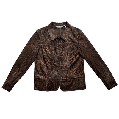 Fitted zip up and collared shiny leopard print jacket with two patch pockets