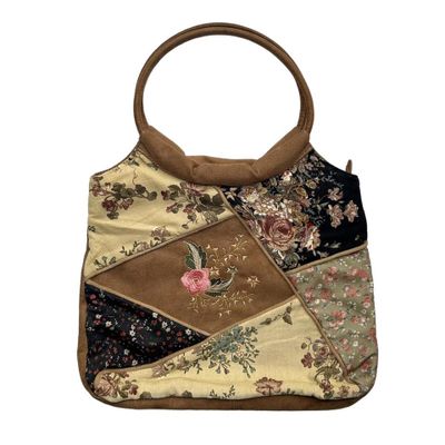 Tan faux suede and corduroy tapestry patchwork bag with floral embroidery