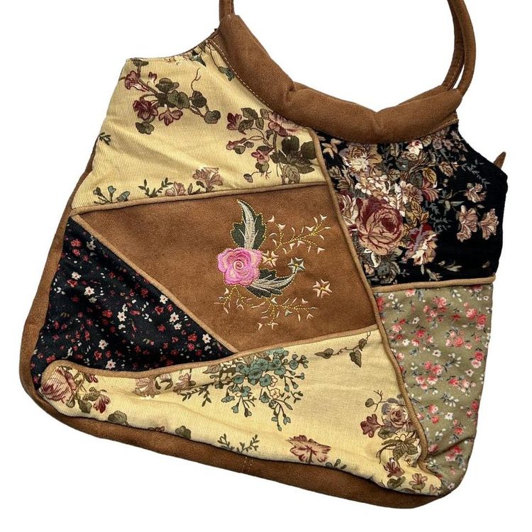 Tan faux suede and corduroy tapestry patchwork bag with floral embroidery image 2