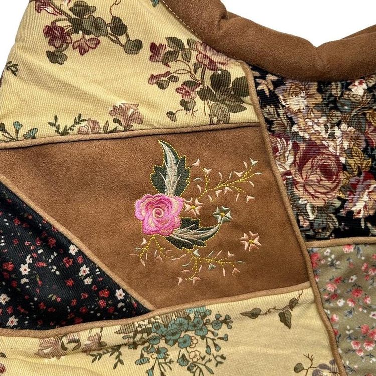 Tan faux suede and corduroy tapestry patchwork bag with floral embroidery image 3