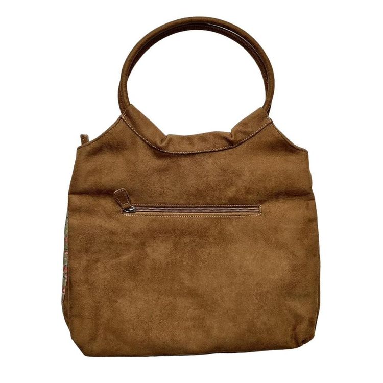 Tan faux suede and corduroy tapestry patchwork bag with floral embroidery image 4