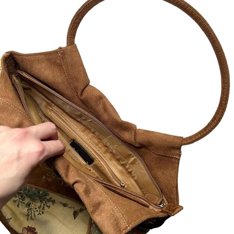 Tan faux suede and corduroy tapestry patchwork bag with floral embroidery image 5