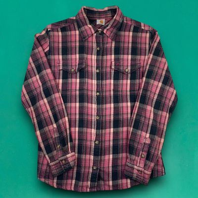 Carhartt WIP Embroidered Check Checkered Skater Long Sleeve Flannel Work Shirt Pink S
