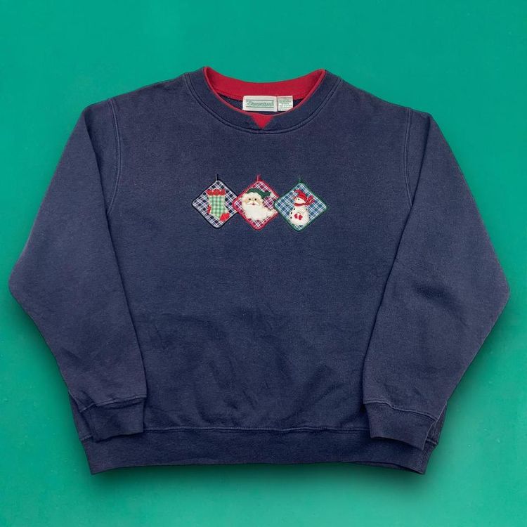 Shenanigans Vintage 90s Cute Embroidered Christmas Sweater Jumper Blue XL